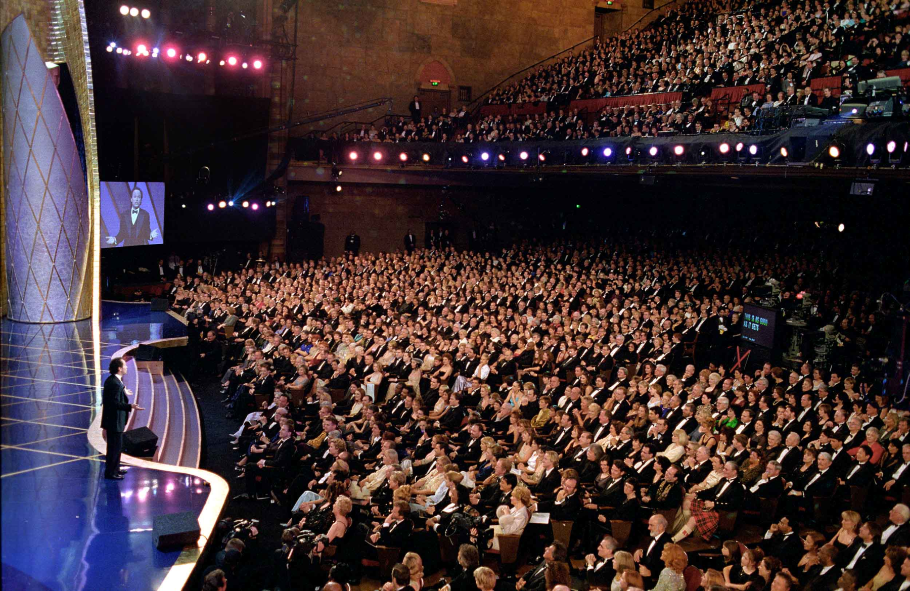 The audience seated in the Shrine Auditorium during the Academy Awards ceremony,1998

Courtesy of Academy Awards show photographs, Margaret Herrick Library, Academy of Motion Picture Arts and Sciences, photo: Long Photography 