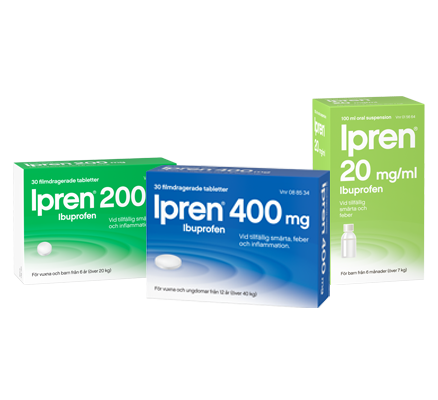 Förpackningar med Ipren® 200 och 400 mg tabletter samt 20 mg Oral Suspension.