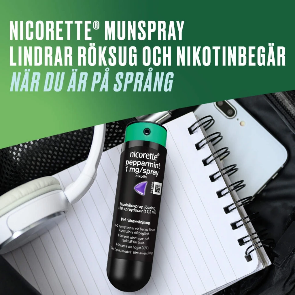 NICORETTE® MUNSPRAY LINDRAR RÖKSUG OCH NIKOTINBEGÄR NÄR DU ÄR PÅ SPRÅNG