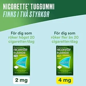 NICORETTE TUGGUMMI FINNS I TVÅ STYRKOR: 2 miligram och 4 miligram