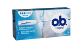 Bild på en förpackning av o.b. Original Normal. Produkten har 3 bloddroppar och indikerar att den passar bra för rikliga mensblödningar.