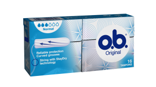 Bild på en förpackning av o.b. Original Normal. Produkten har 3 bloddroppar och indikerar att den passar bra för rikliga mensblödningar.