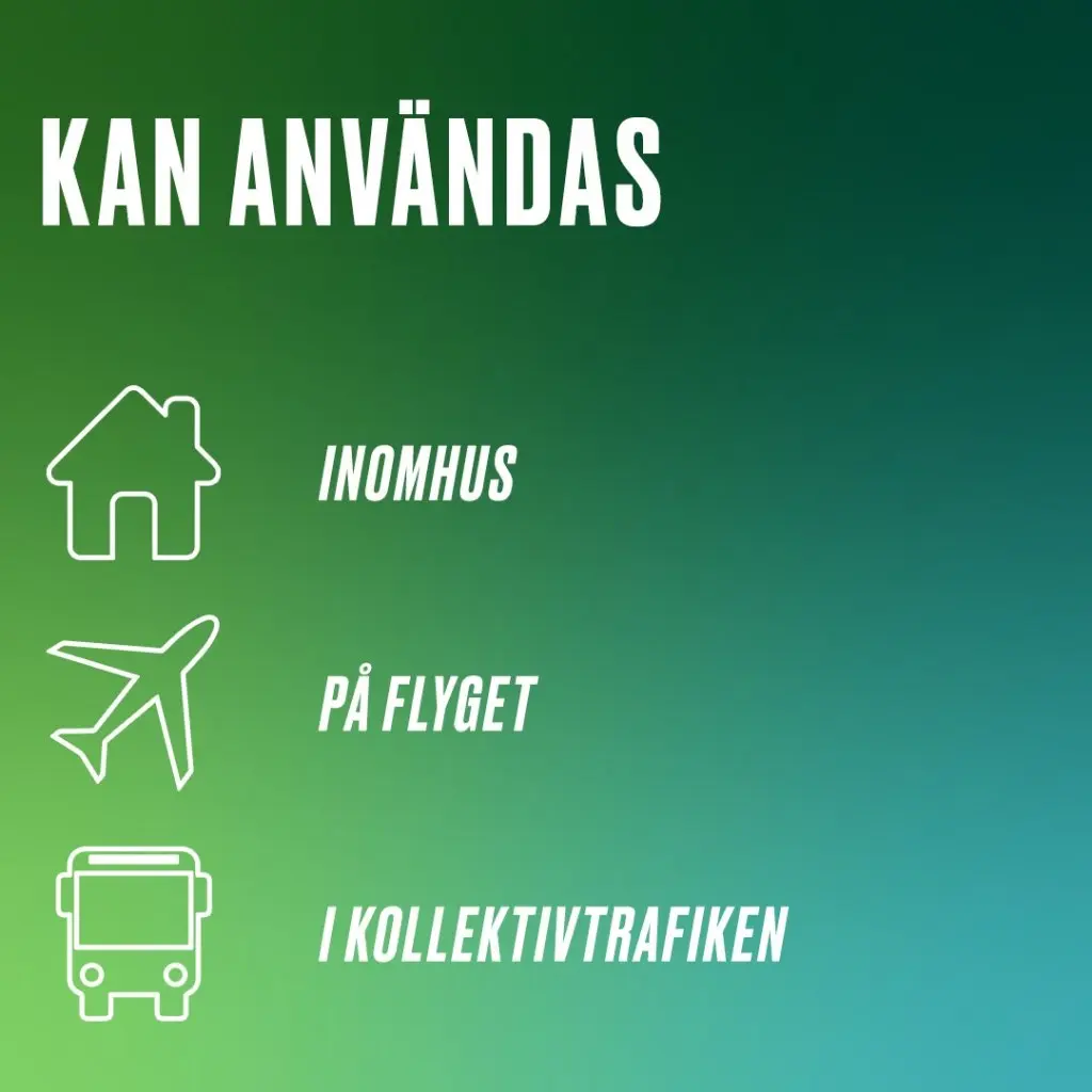 KAN ANVÄNDAS inomhus, på flyget och I kollektivtrafiken