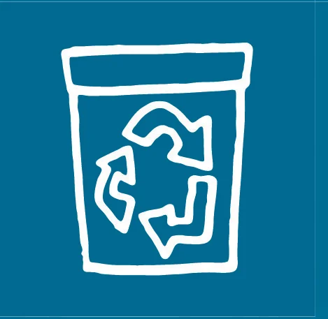 Ikon föreställandes ett återvinningskärl. Vitt på blått.