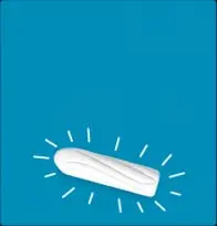 bild på en vit tampong på en blå bakgrund, tampongen har streck runtomkring sig.