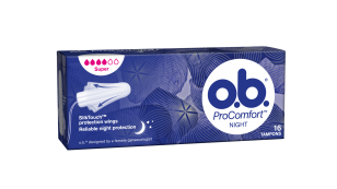 Bild på en förpackning av o.b. ProComfort Night Normal. Produkten har 3 bloddroppar och indikerar att den passar bra för lätta till normala mensblödningar under natten.
