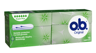 Bild på en förpackning av o.b. Original Super Plus Produkten har 5 bloddroppar och indikerar att den passar bra för väldigt rikliga mensblödningar.