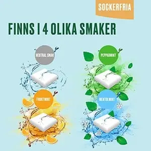 Finns i 4 olika smaker: mentolmint, pepparmint, fuktmint och neutral smak