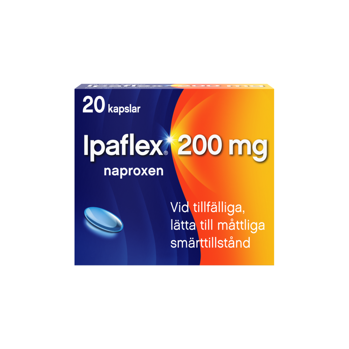 Förpackning med Ipaflex® 200 mg naproxen-kapslar. Innehåller 20 kapslar.