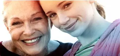 Bild på två kvinnor, en äldre till vänster och en yngre till höger. Bilden illustrerar historiken av o.b. Och att vi har hjälpt förbättra livskvaliteten för kvinnor i mer än 65 år.