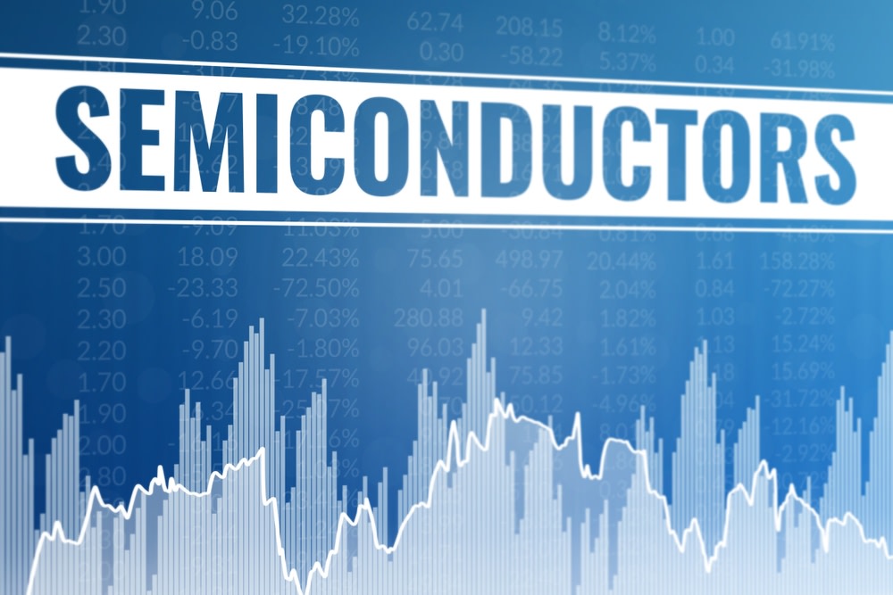 Word Semiconductors on blue finance background
