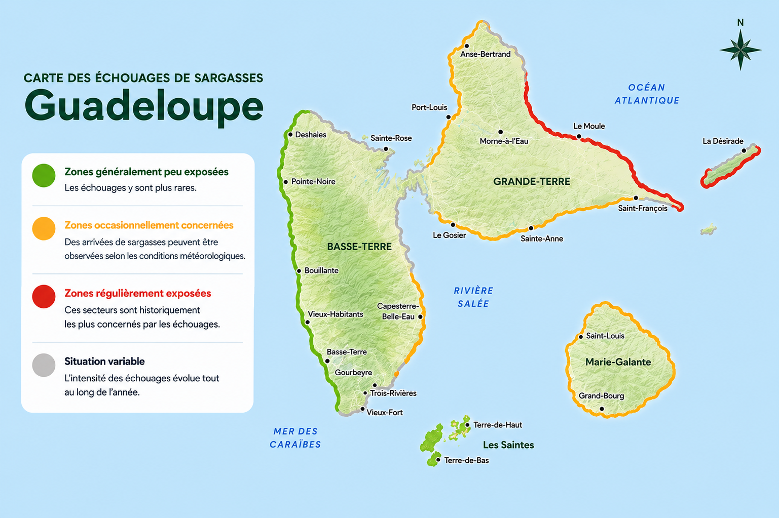 Où trouve-t-on les sargasses en Guadeloupe ?
