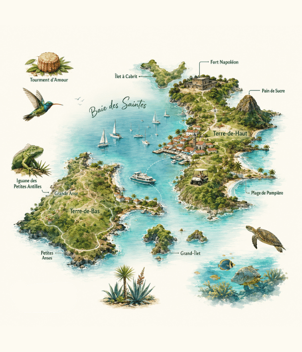 Illustrated map of Les Saintes highlights in Guadeloupe