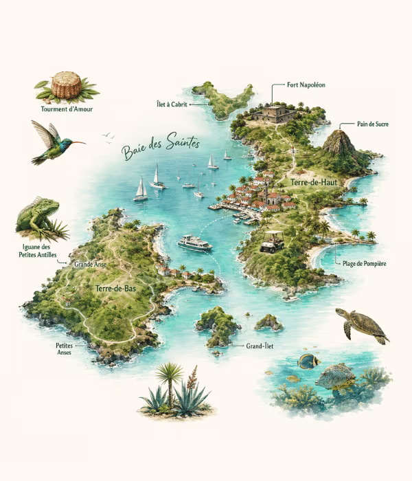 Illustrated map of Les Saintes highlights in Guadeloupe
