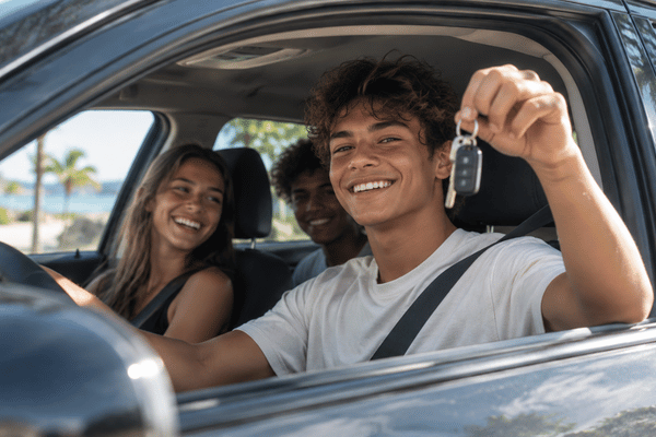 Jeune conducteur avec les clés de sa voiture de location