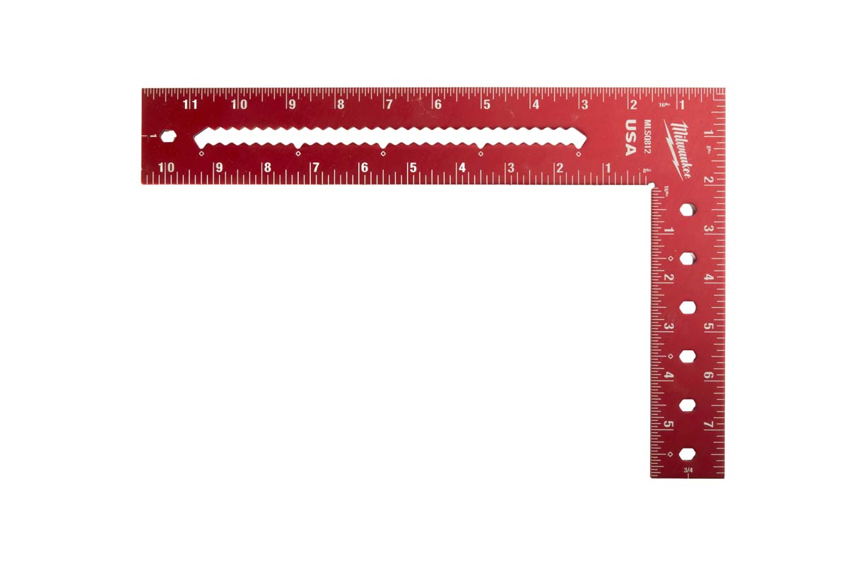Milwaukee framing Square with 1⁄4"-thick aluminum, Scribe notches at 1⁄8" increments, Scribe notches at 1⁄2" increments