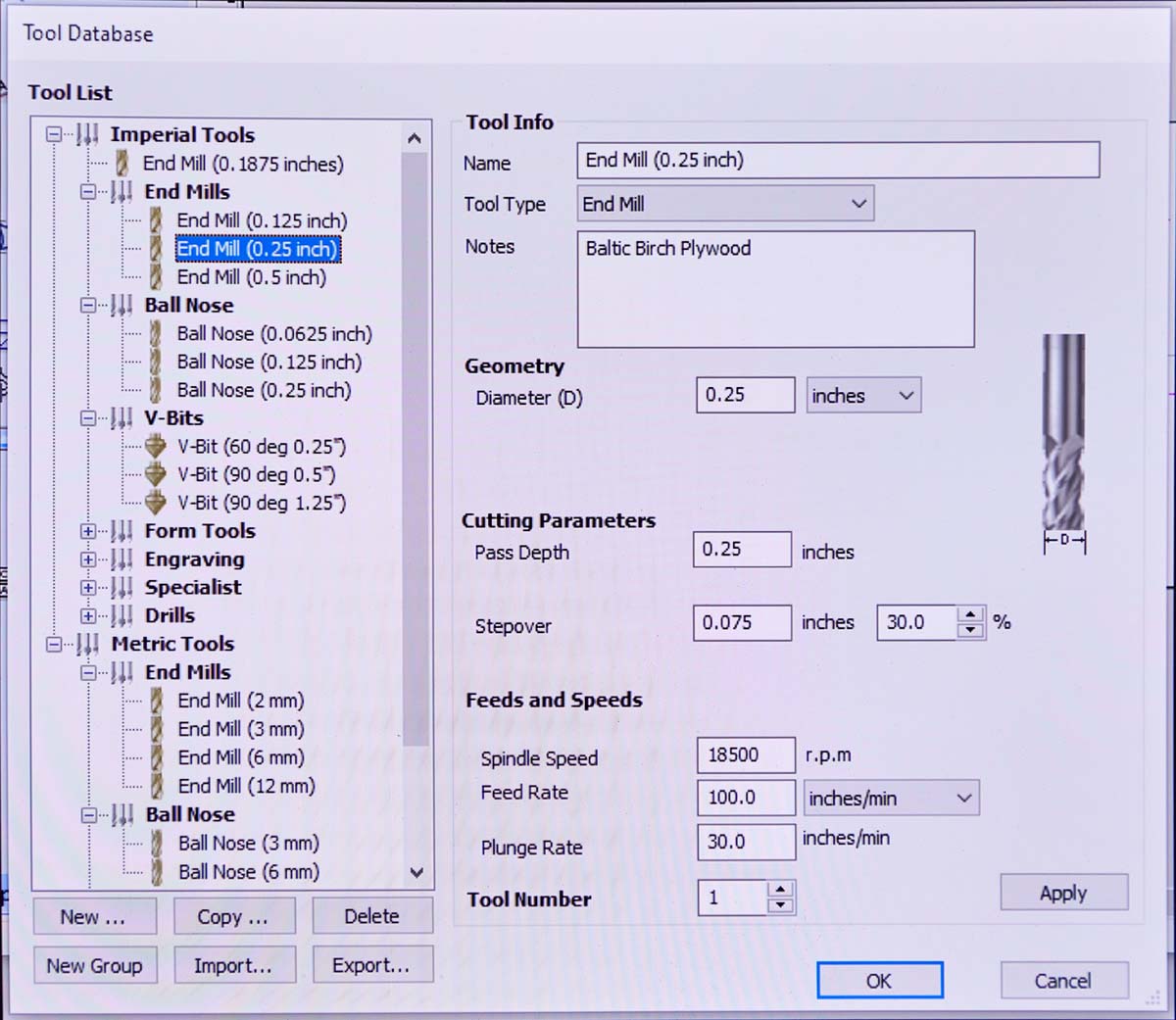 PW tool database for CNC