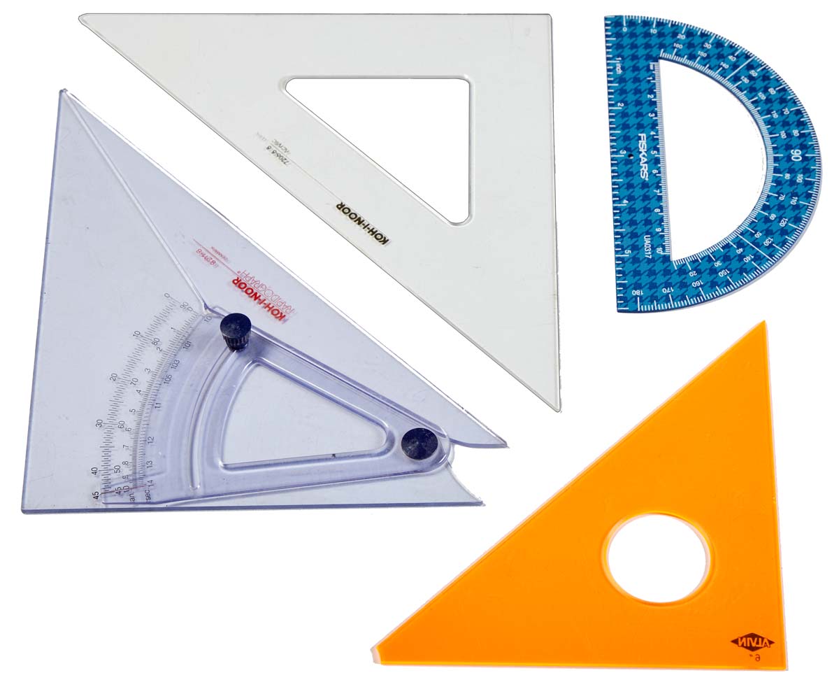 multiple blue, clear, and orange triangle and protractor rulers