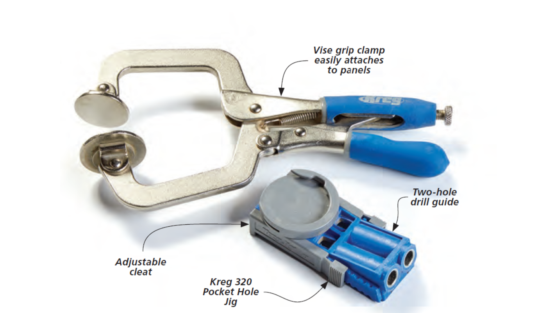 Image of Kreg 320 pocket hole jig with arrows to the drill guide and adjusable cleat. A vise clamp is next to kreg 320 to show the clamp can easily attach to the 320 jig panels