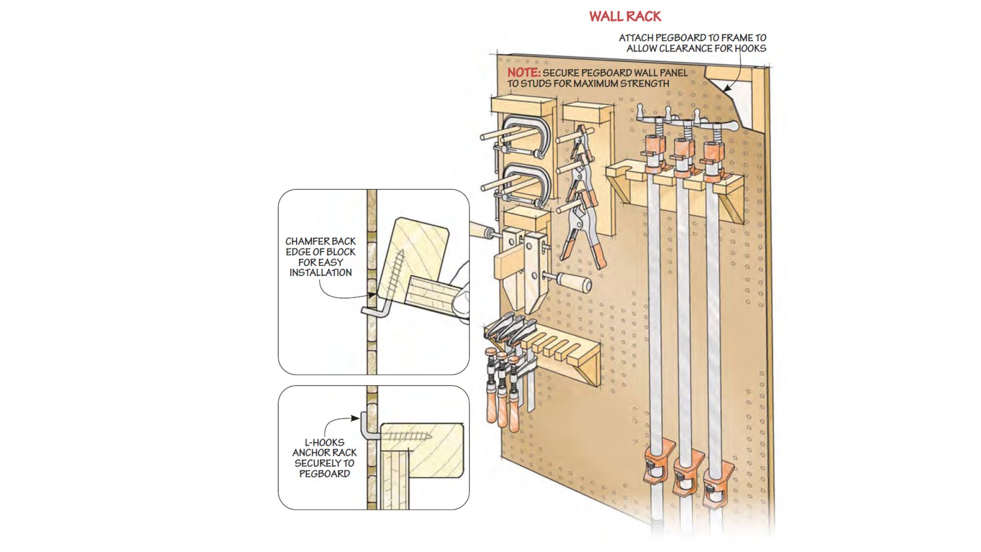 illustration of tool storage pegboard holding short and long clamps