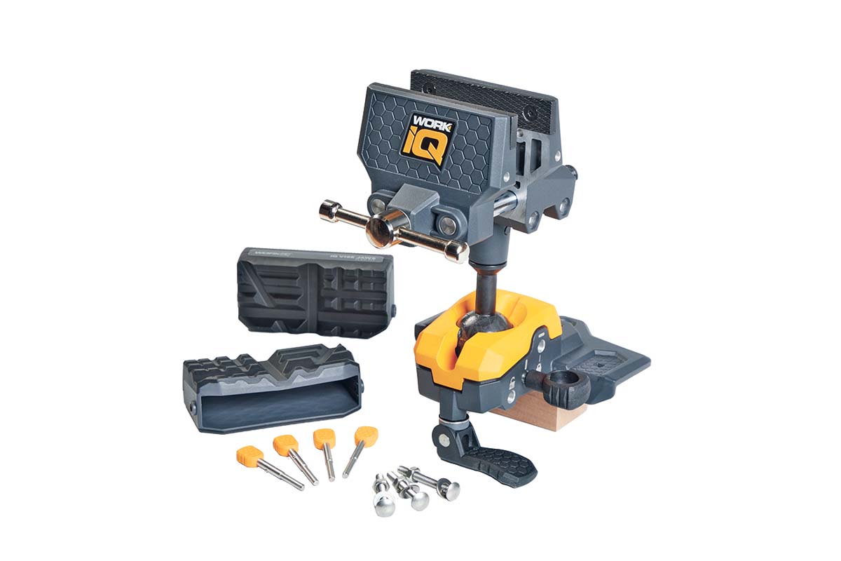 IQ vise with large base jaws that comes with flex-fit sleeves, jaw locking pins, cam lock, ball joint