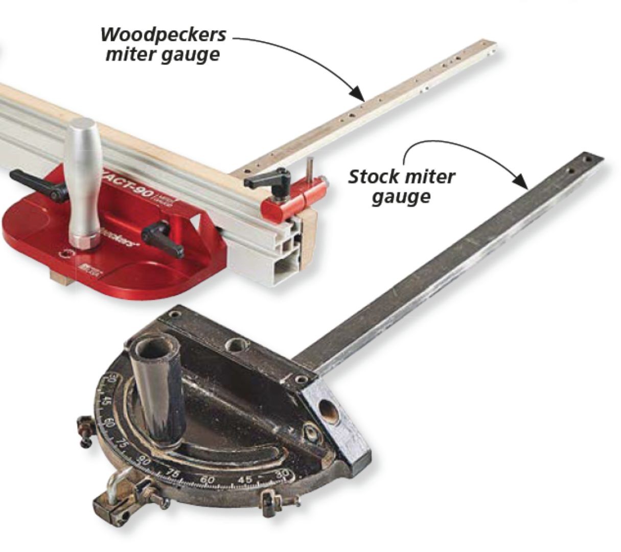 woodpeckers red miter gauge and black stock miter gauge