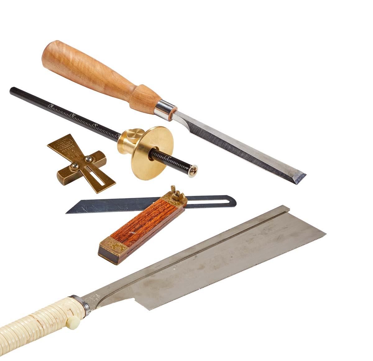 image of bench chisel, marking gauge, back saw, dovetail guide, bevel gauge