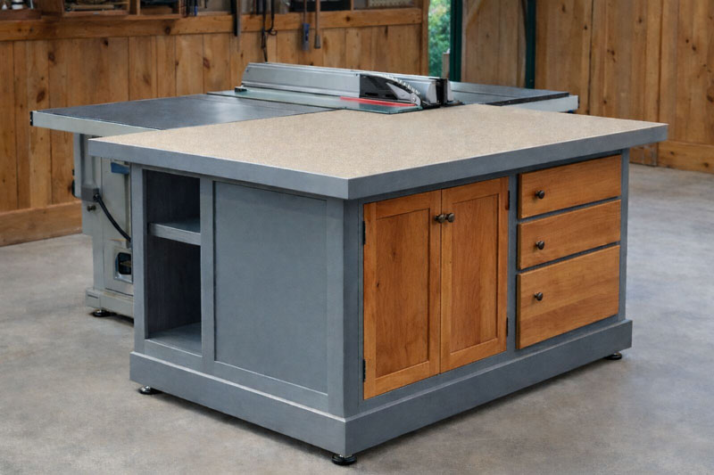 concept art for a table saw outfeed table in a Shaker timber frame style