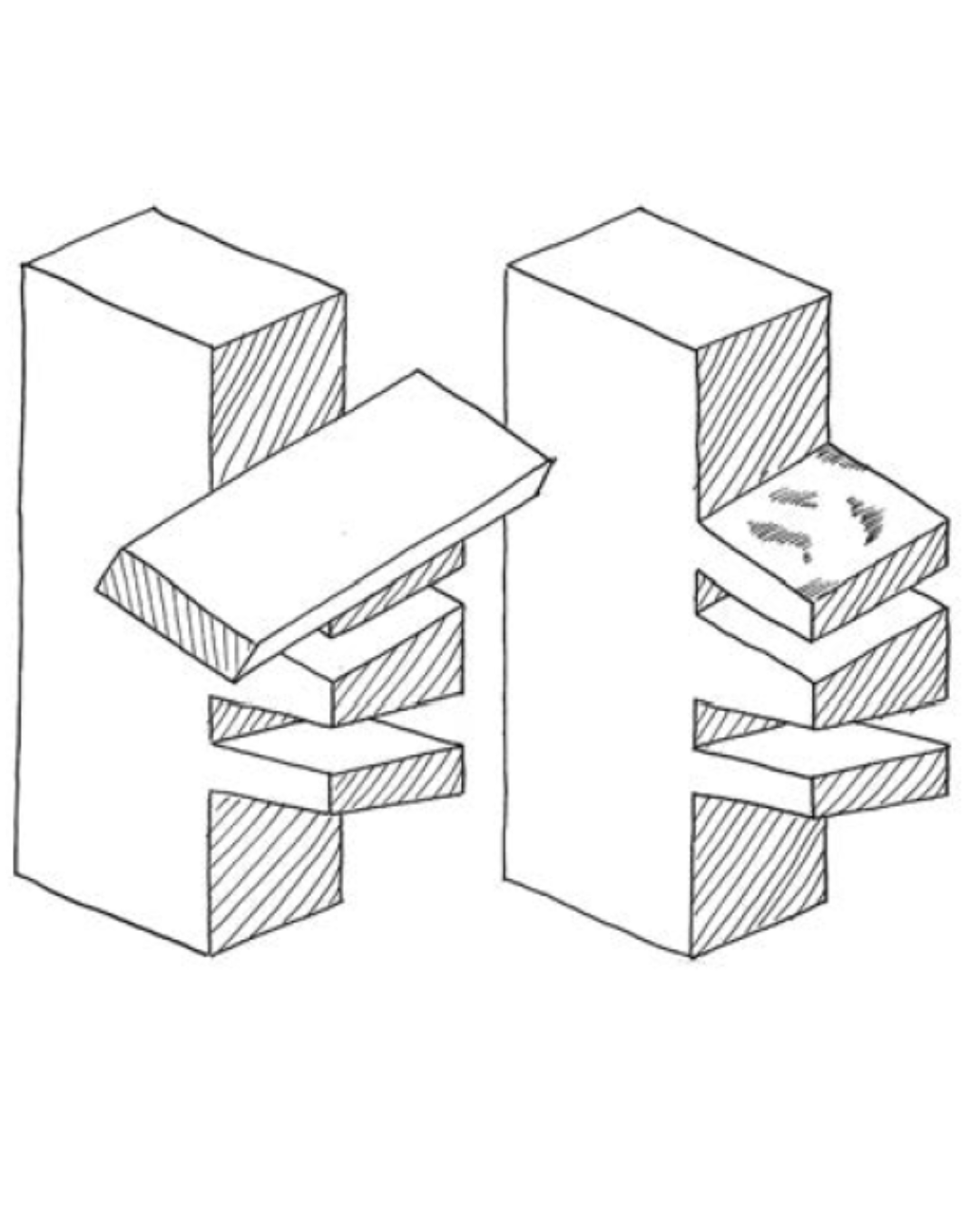 joinery illustrations of double sunrise dovetail, pieces not connected