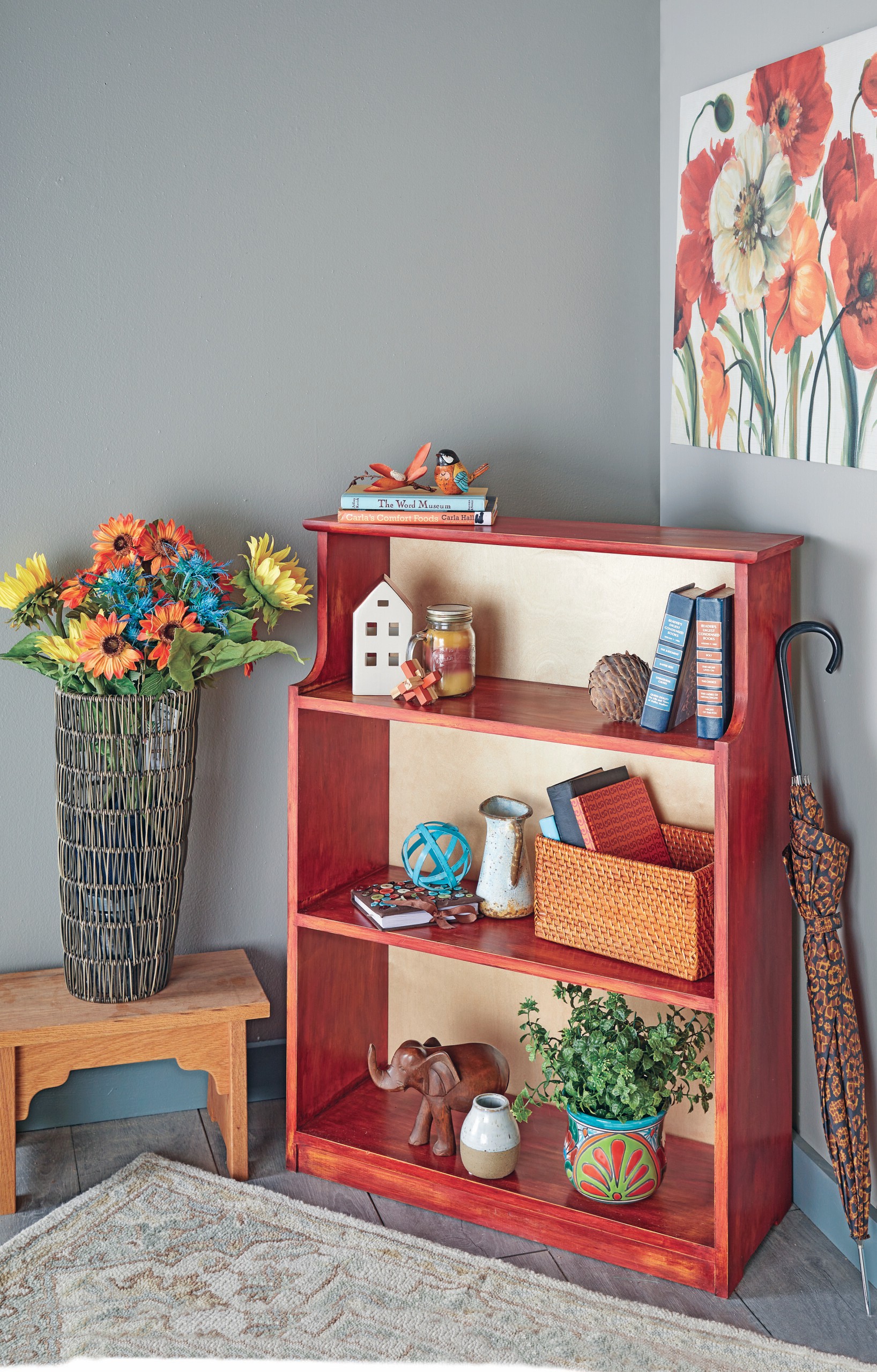 final product is red painted wood shelf with an aged rustic look