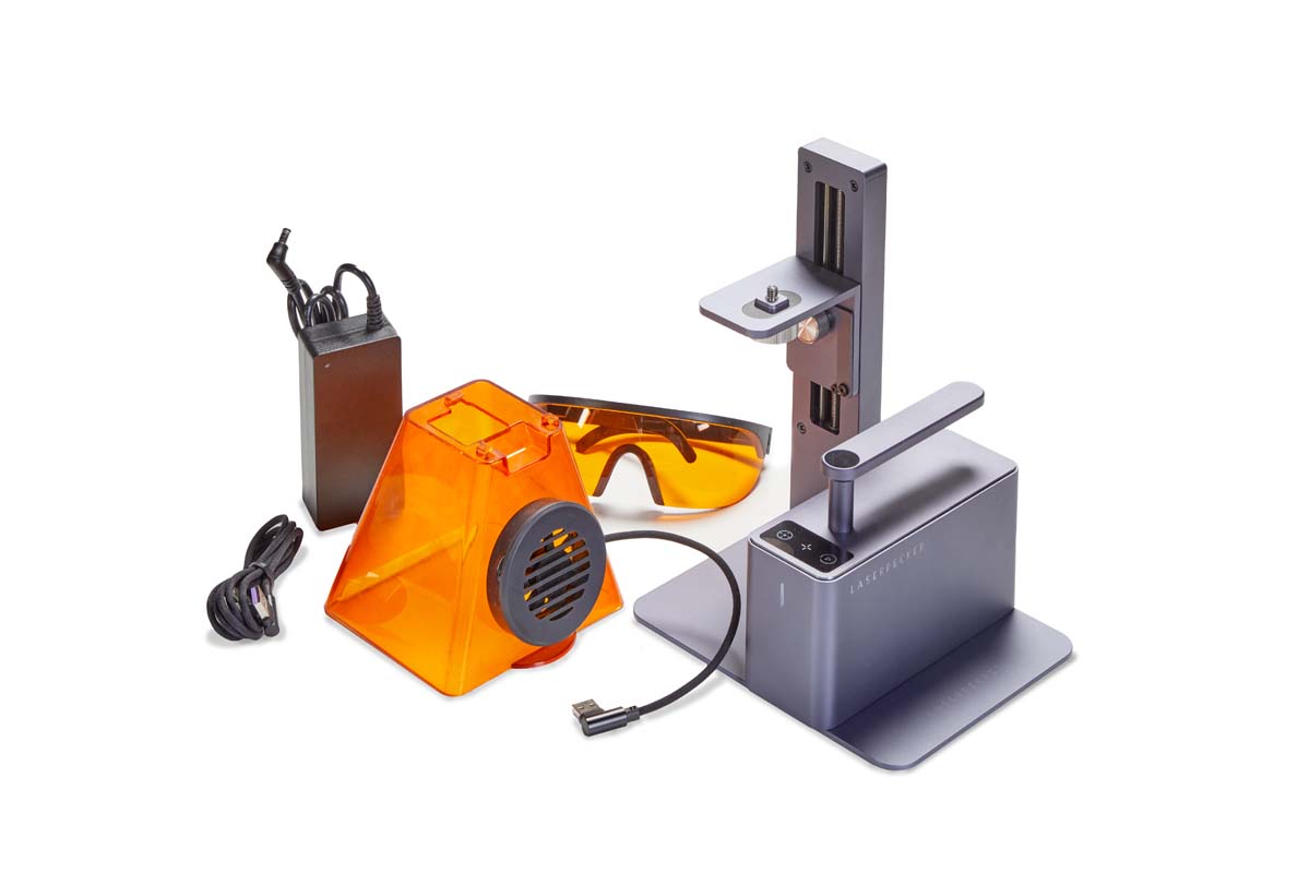 equiptment that comes with laserpecker including sunglasses, plastic orange glasses, power supply, the laser and base, plastic orange hood