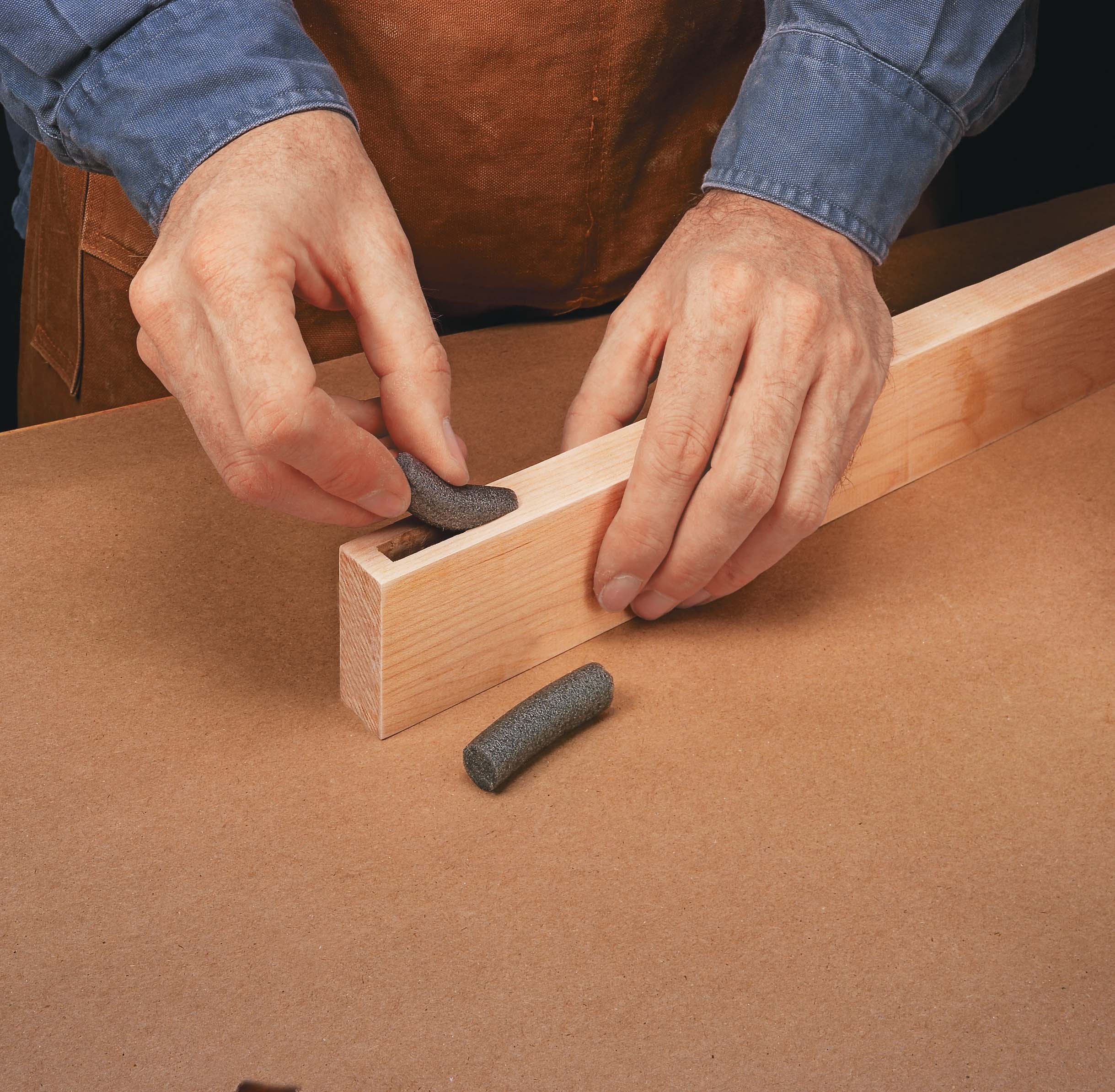Using grey foam rods to protect inside of wood from finishing