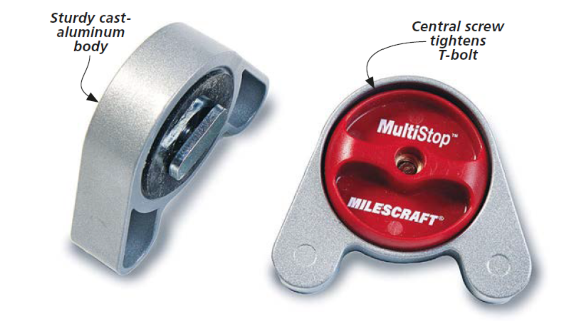 milescraft multistop bench stop with parts labled like aluminium body and central screw to tighten bolt