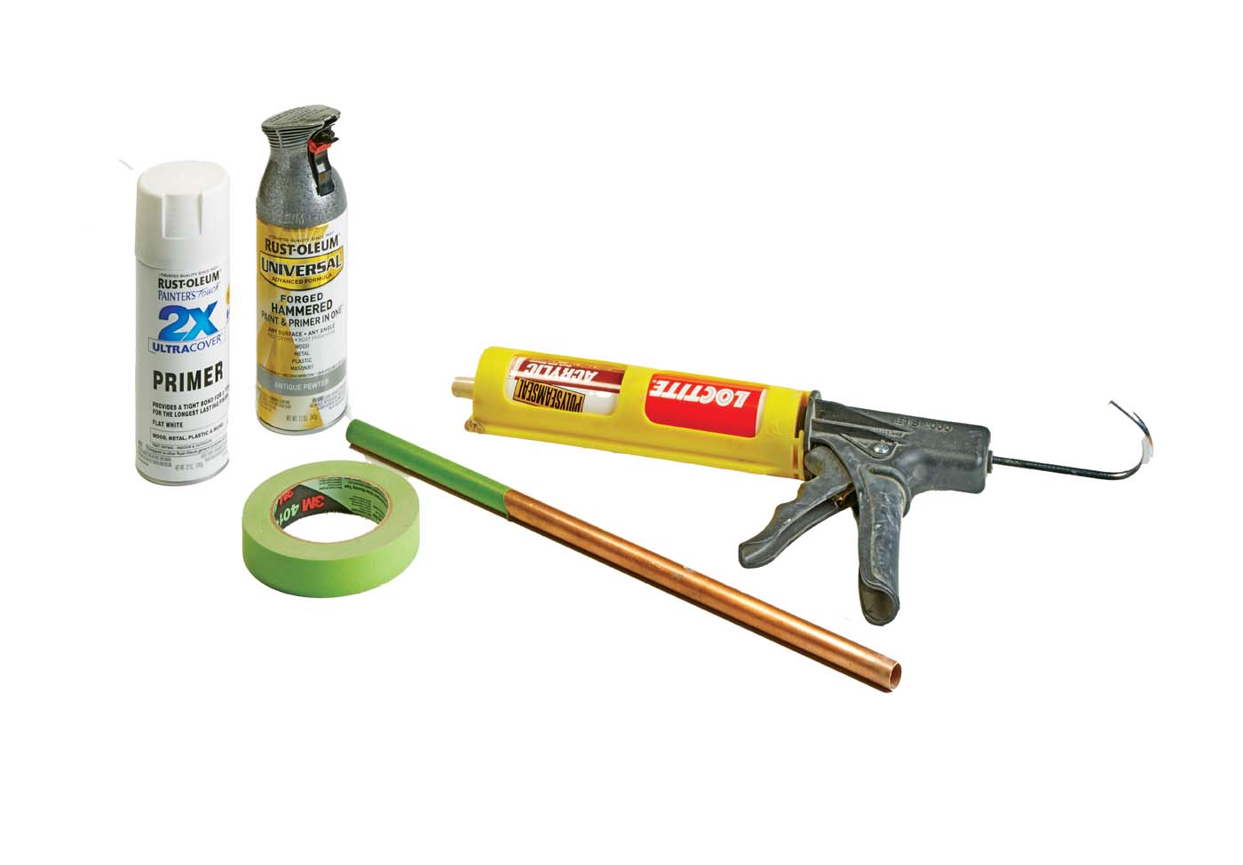 The tools you need: primer, painter tape, silver primer, copper rod, and polyseamseal