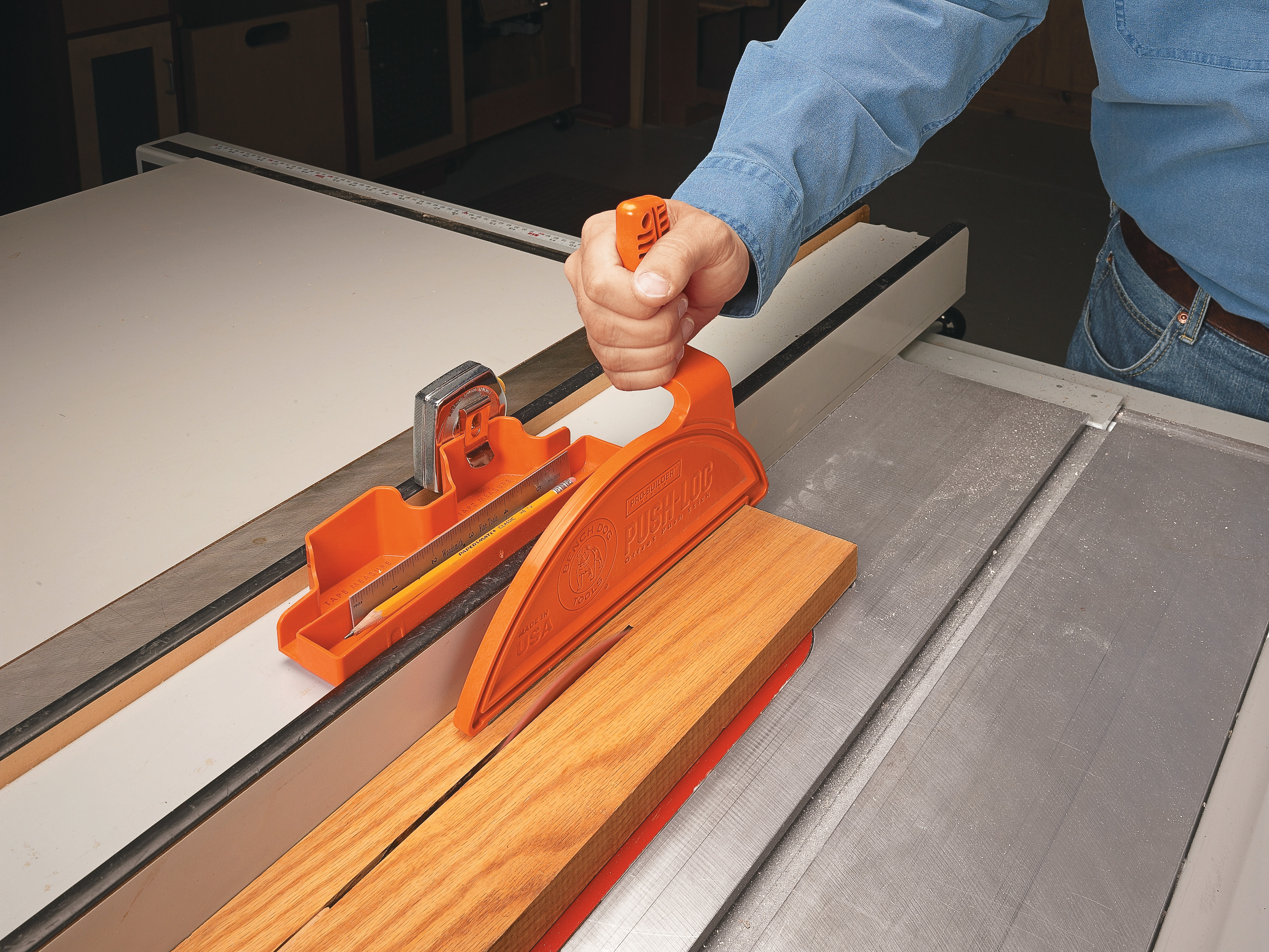 bright orange table saw fence