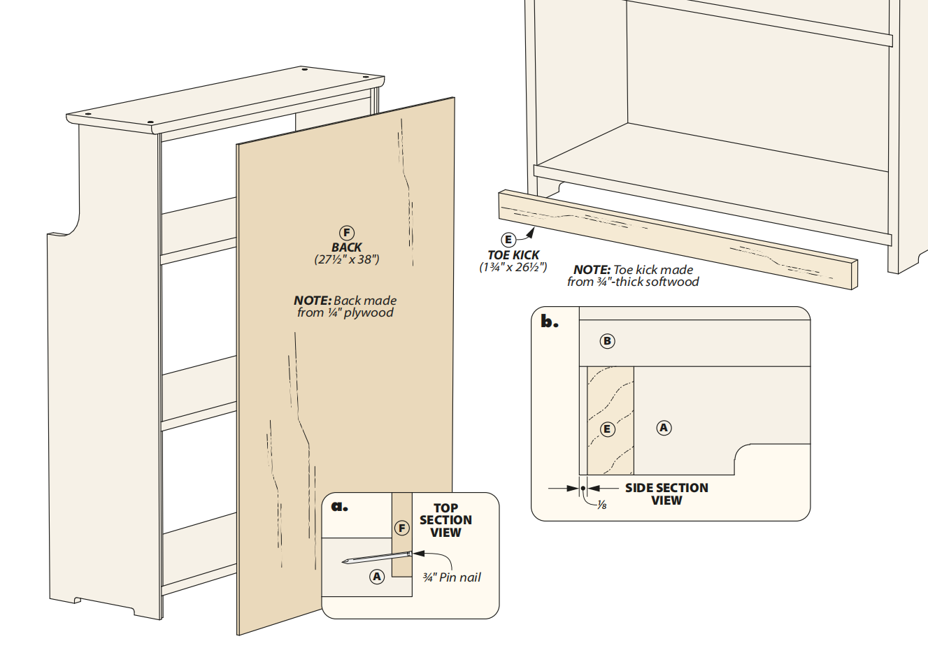 diagram showing how to add the plywood backing to the bookcase