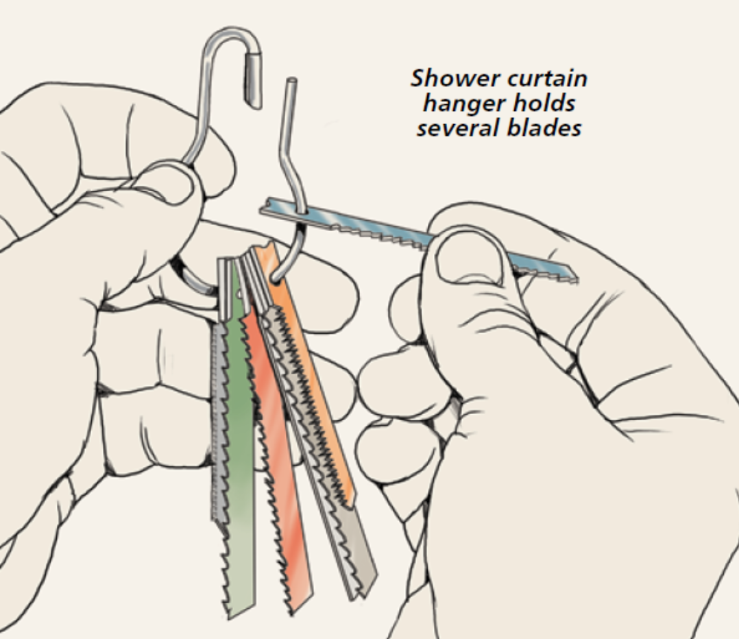 illustration of how to use shower curtain hanger to hang jig saw blades