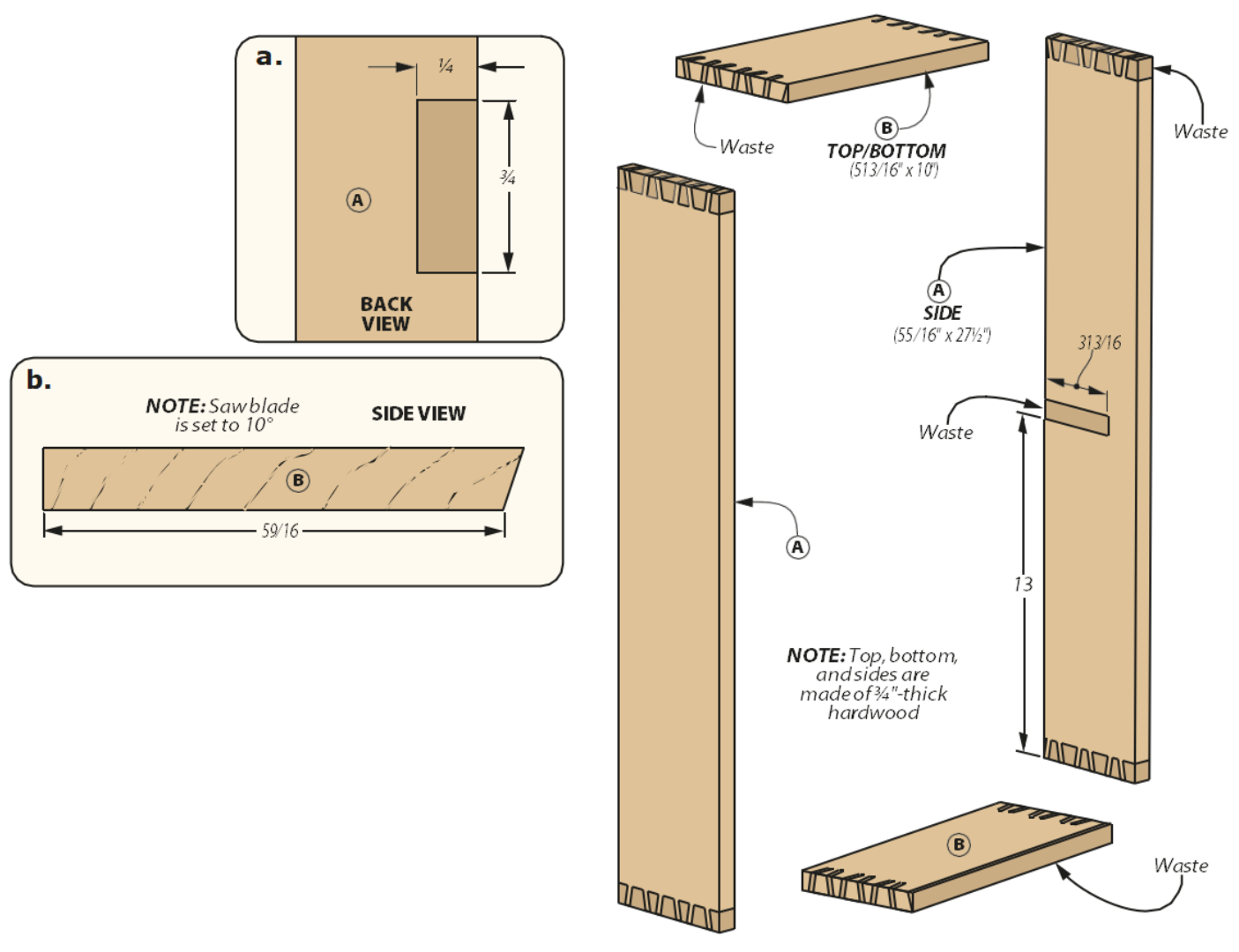 side view back view and exploded diagram of dovetail shelf