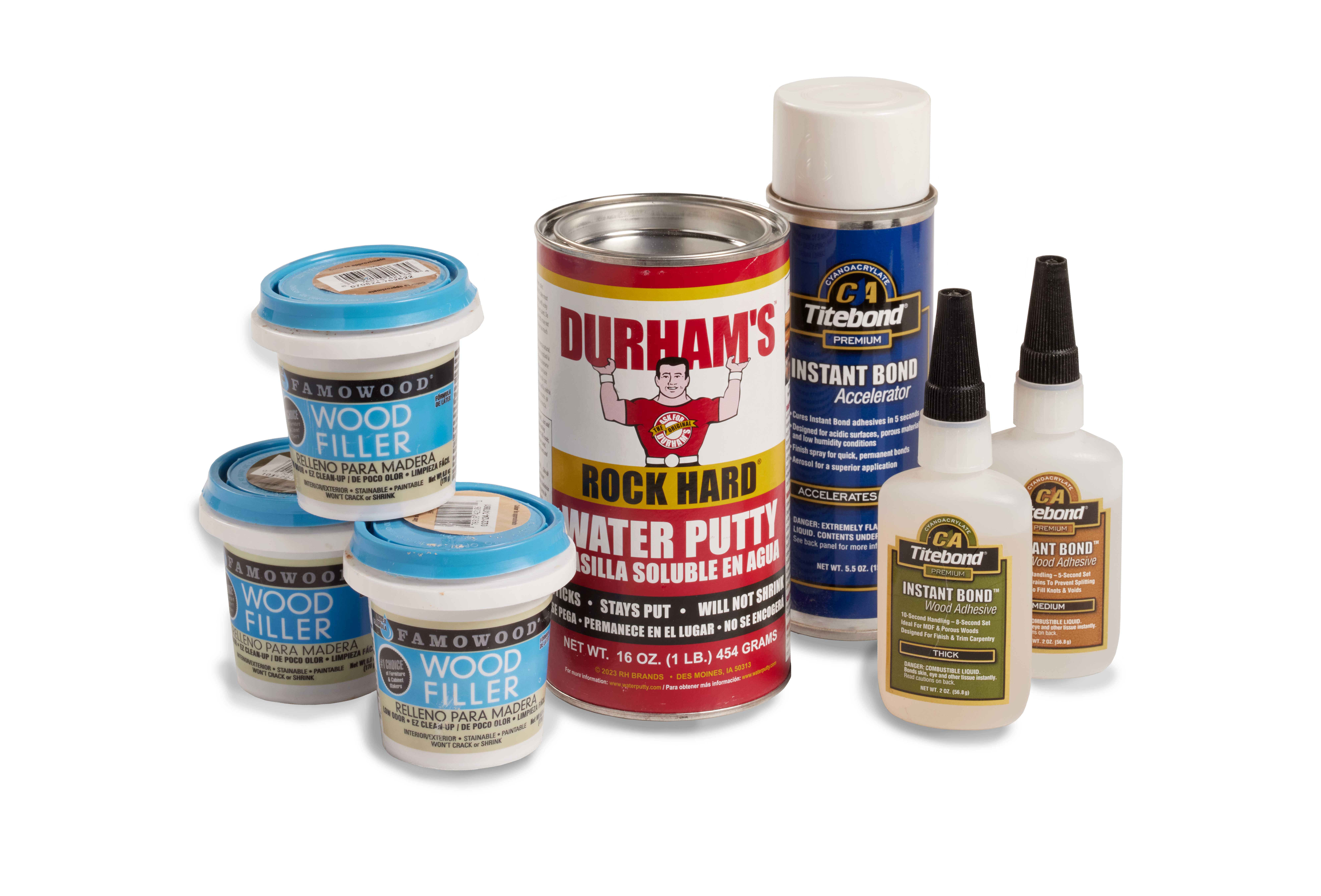 Image shows Titebound instant bond, Famowood wood filler, Durham's watter putty