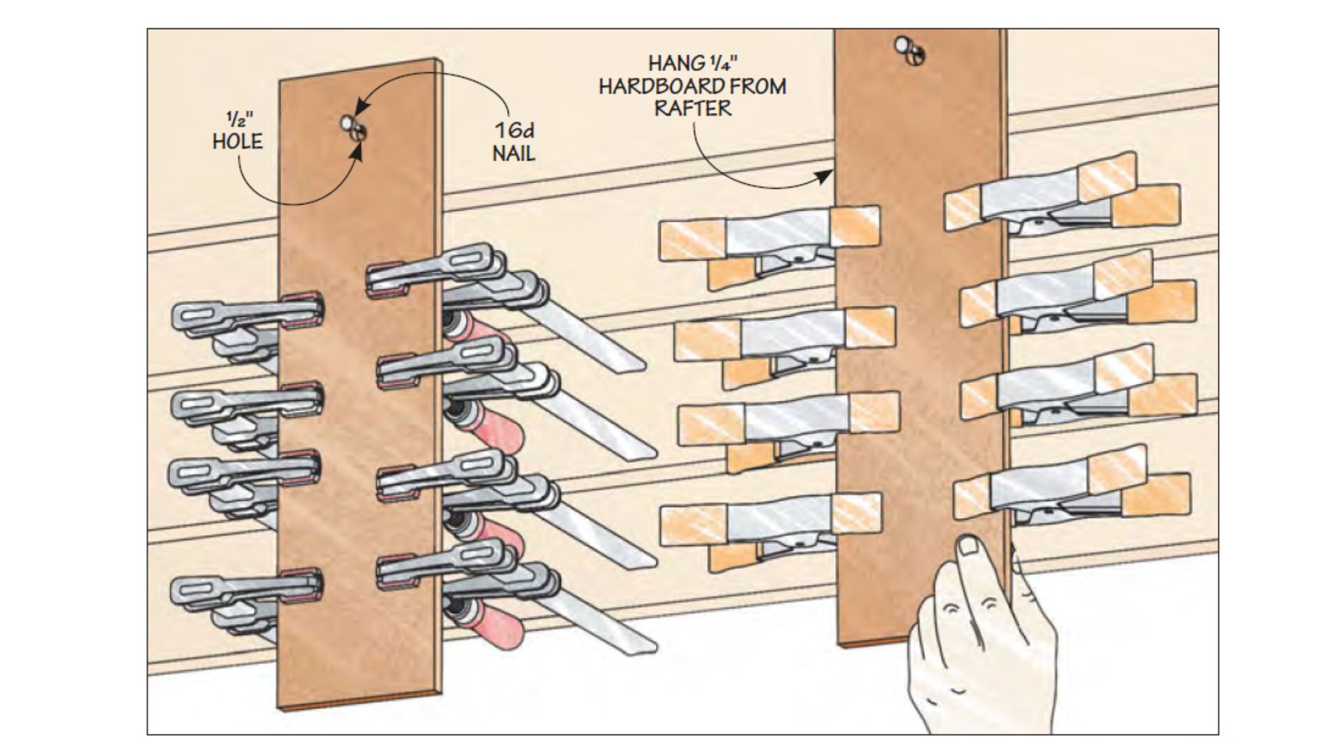 illustration of small clamp hanging rack made with hardboard