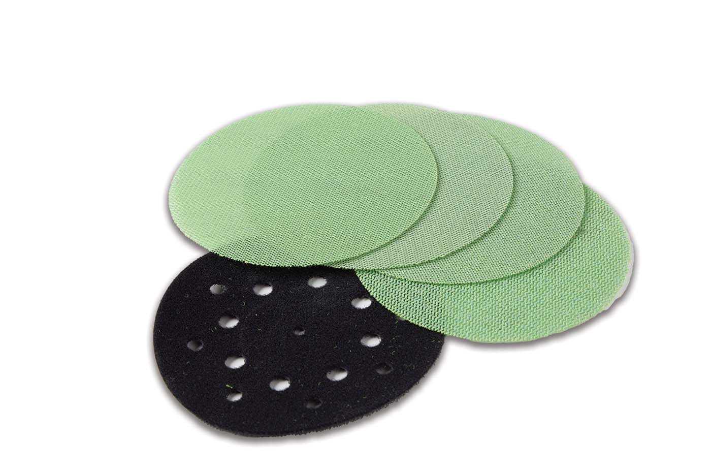 green 5 inch radius sanding discs and felt backing