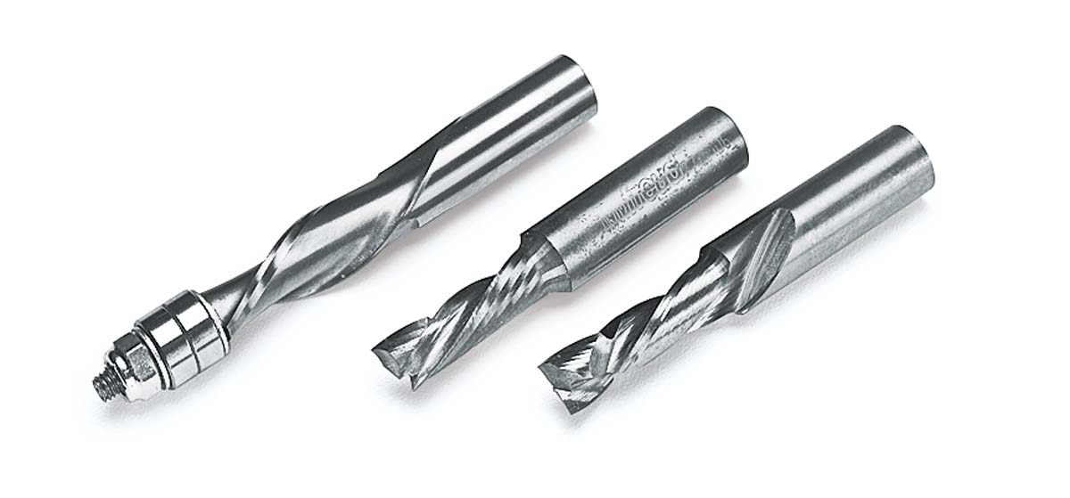 example of flush trim spiral bit, single flute compression bit, two flute compression bit