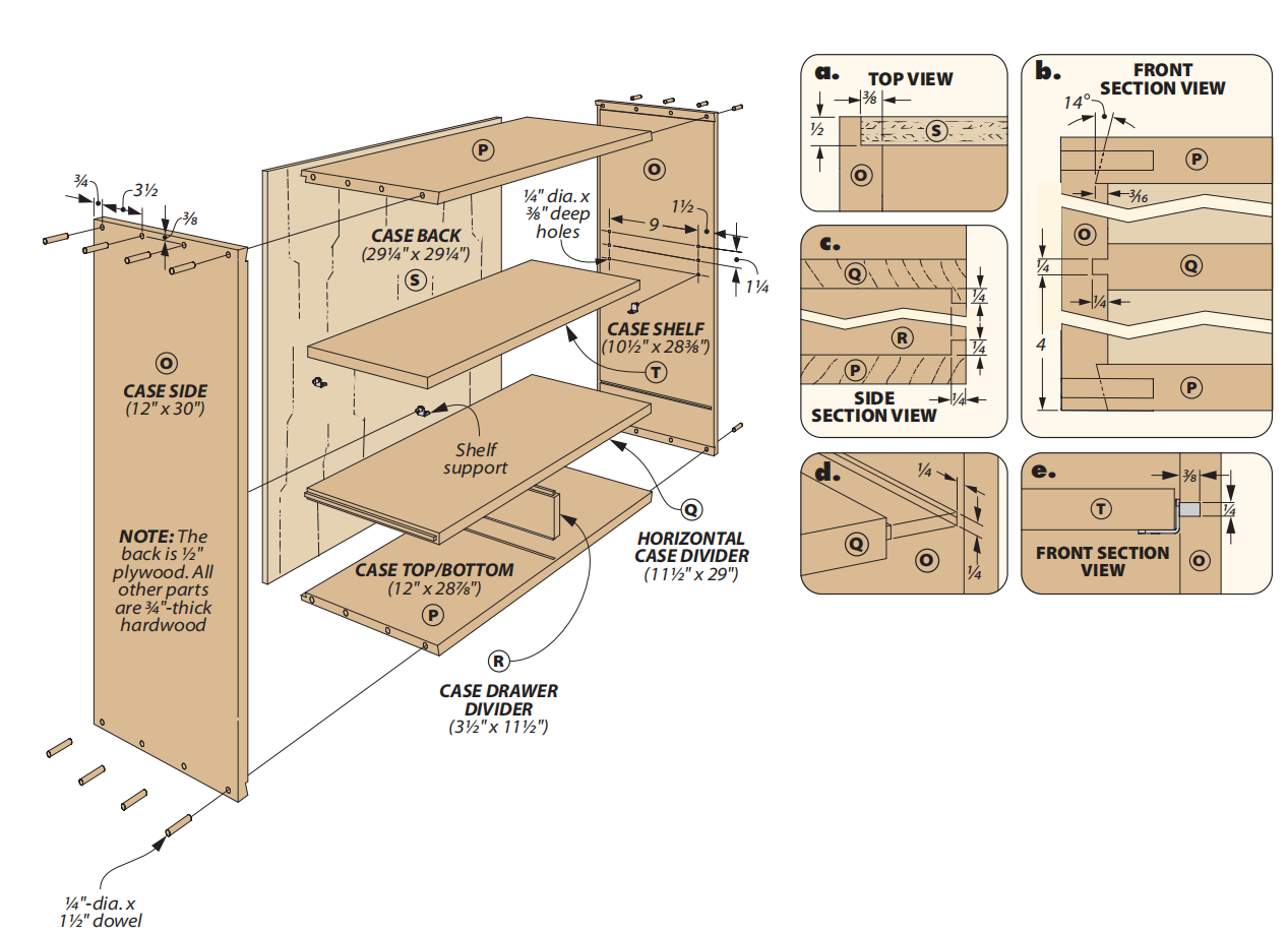 diagram showing how to for how to assemble dovetailed and dowel case