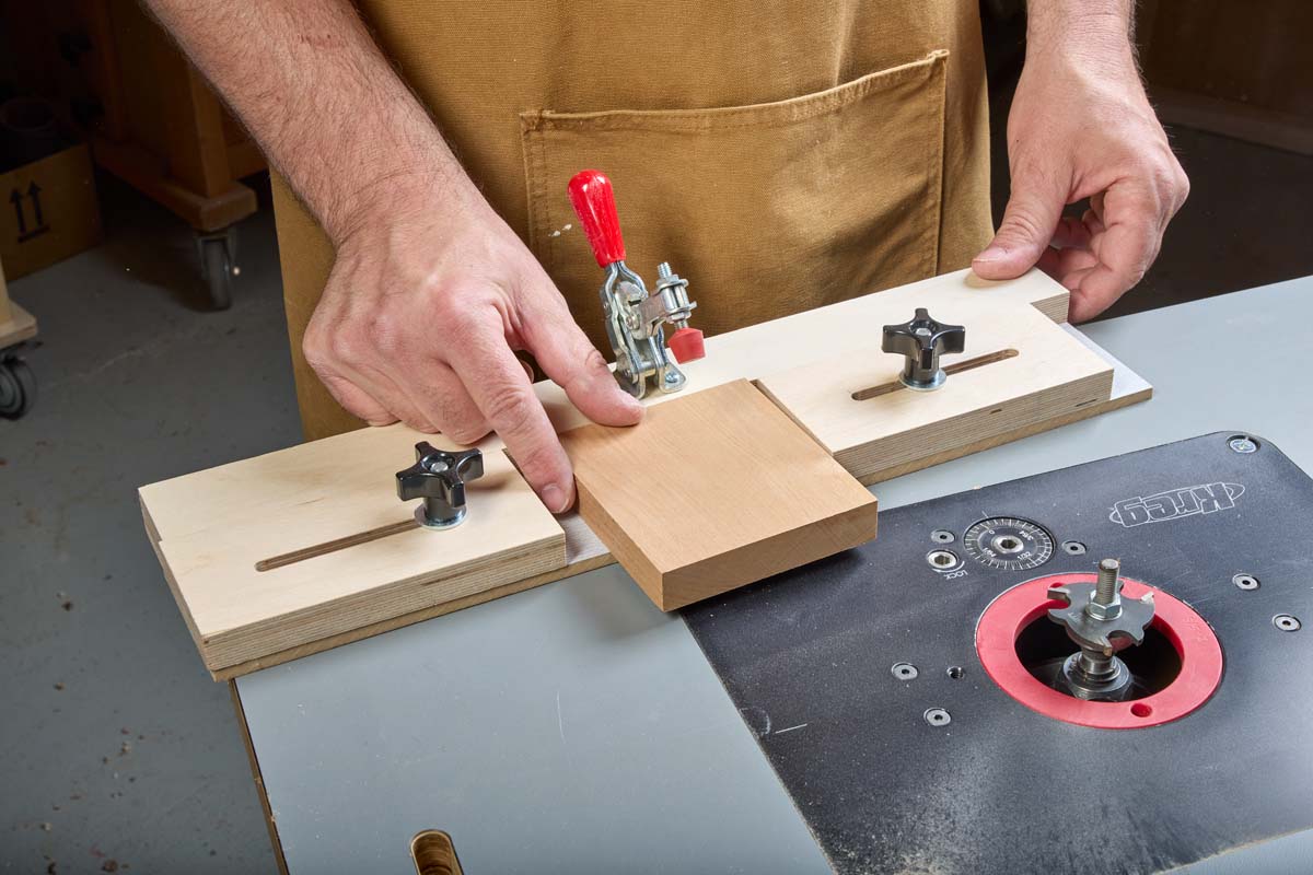 using blocks to adjust width or length of workpiece on Small Part Routing Sled
