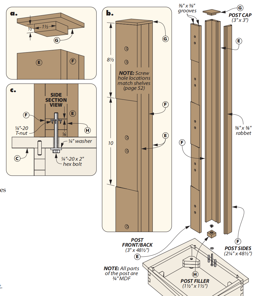 diagram of showing how to make the beveled posts of the bookshelf tower