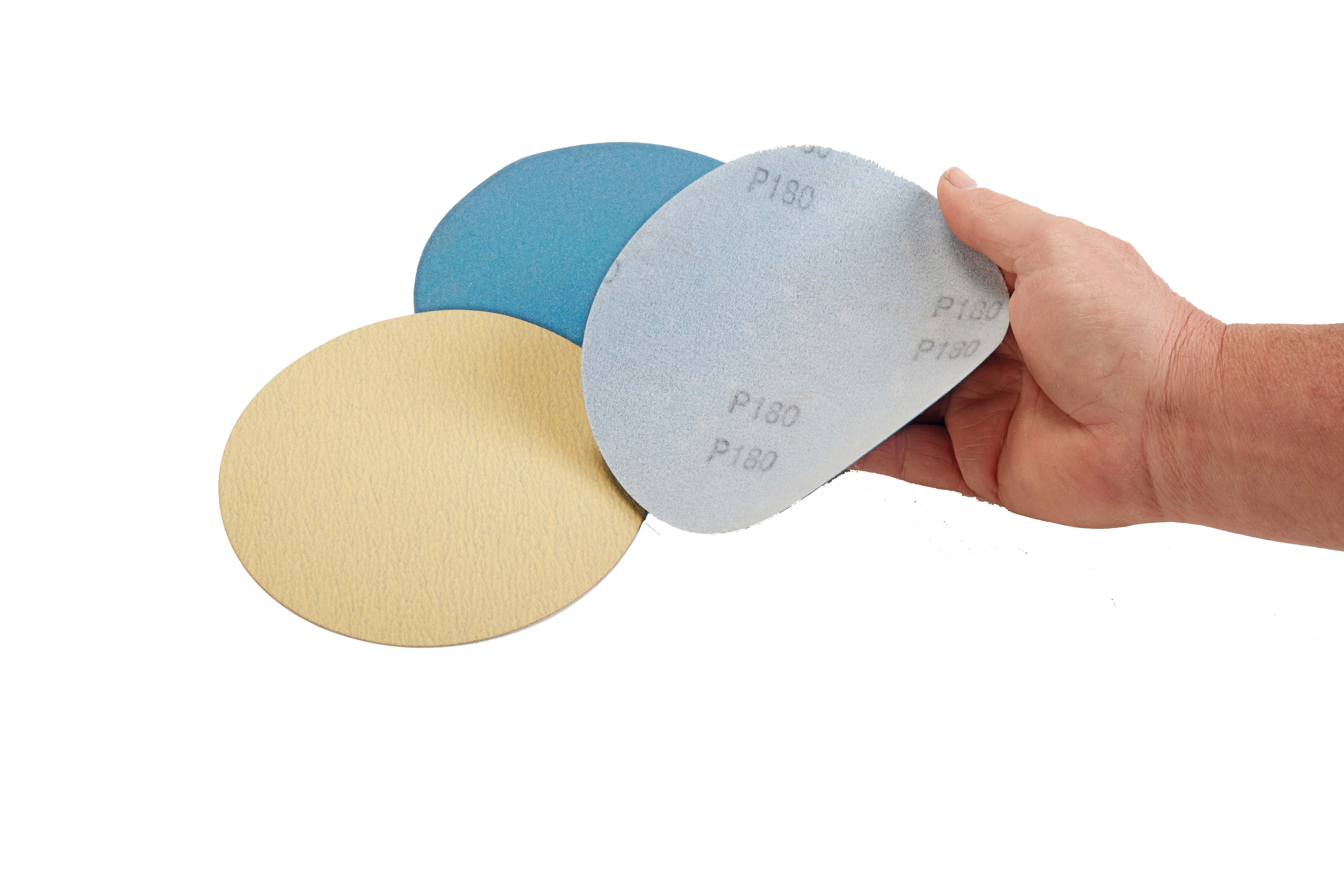 Blue FILMTEK sanding disc, and yellow EKASTORM sanding disc, with Hook & loop backings
