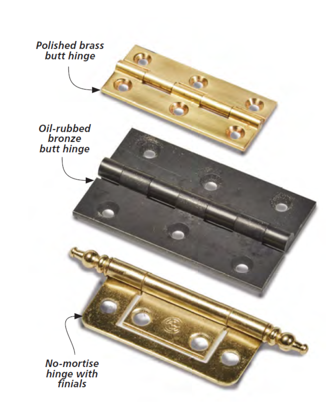 Image shows 3 buttefly hinges, Polished brass butt hinge, Oil-rubbed bronze butt hinge, No mortise hinge with finials