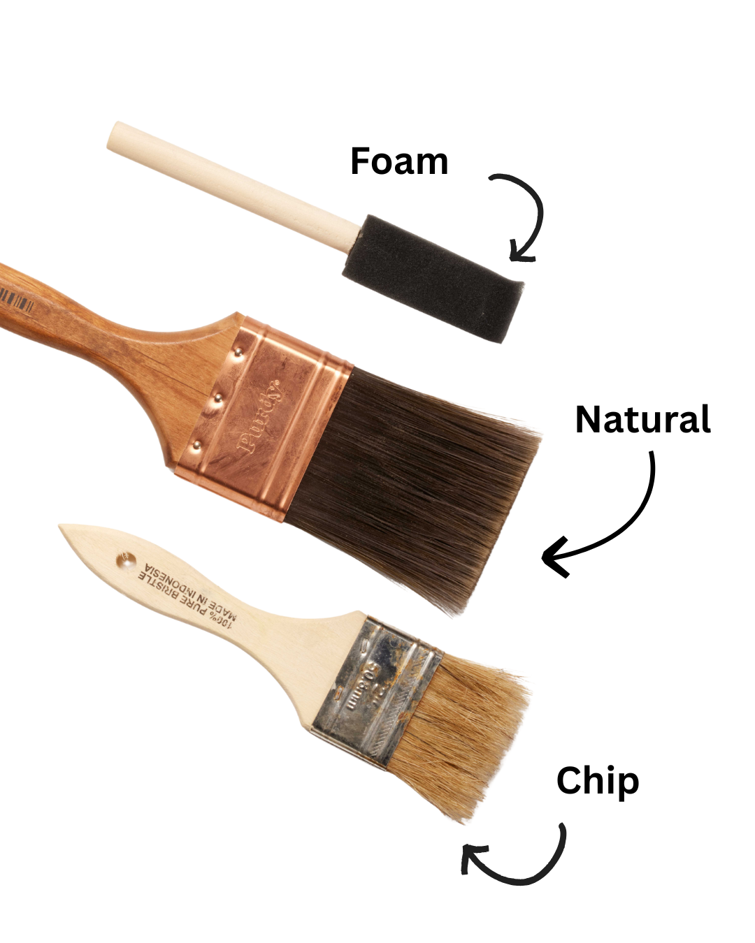 images hows foam brush, natural wood brush, and wood chip brush