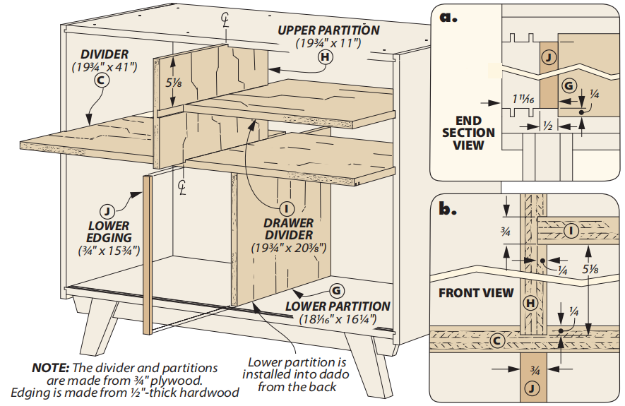 diagram showing interior of bottom cabinet with dividers and partions
