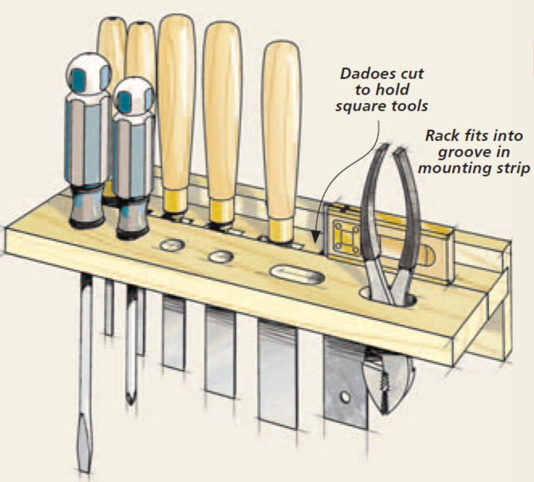 illustration of tool rack mounted on wall with wood carving chisels and screwdrivers, pliers